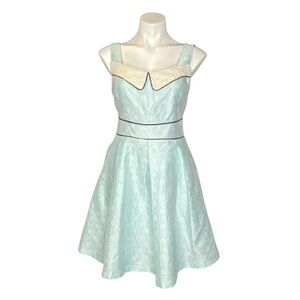 ANTHRO RYU Retro 50’s Style Dress Crochet Lace Tie Back Fit & Flare Blue Large